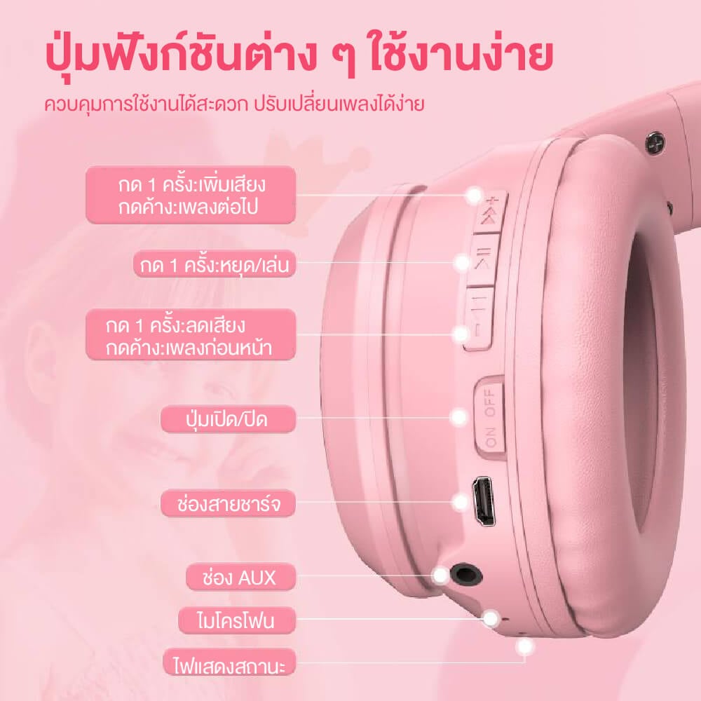 หูฟังเกมมิ่งไร้สาย ONIKUMA B90 RGB CAT EAR WIRELESS GAMING HEADSET - สีชมพู_3